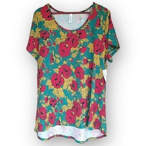 LuLaRoe Classic T Floral Top 3XL Measures 1XL Green Red Gold Short Sleeves Tee